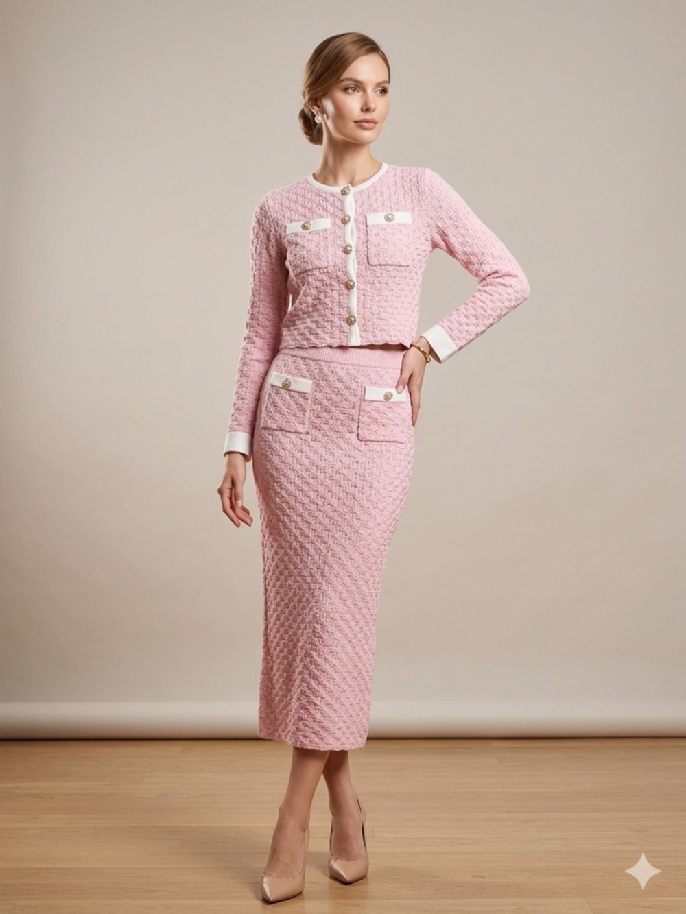 Mable Pink Tweed Knit Skirt Set Gold Button Cardigan Midi Set NWT